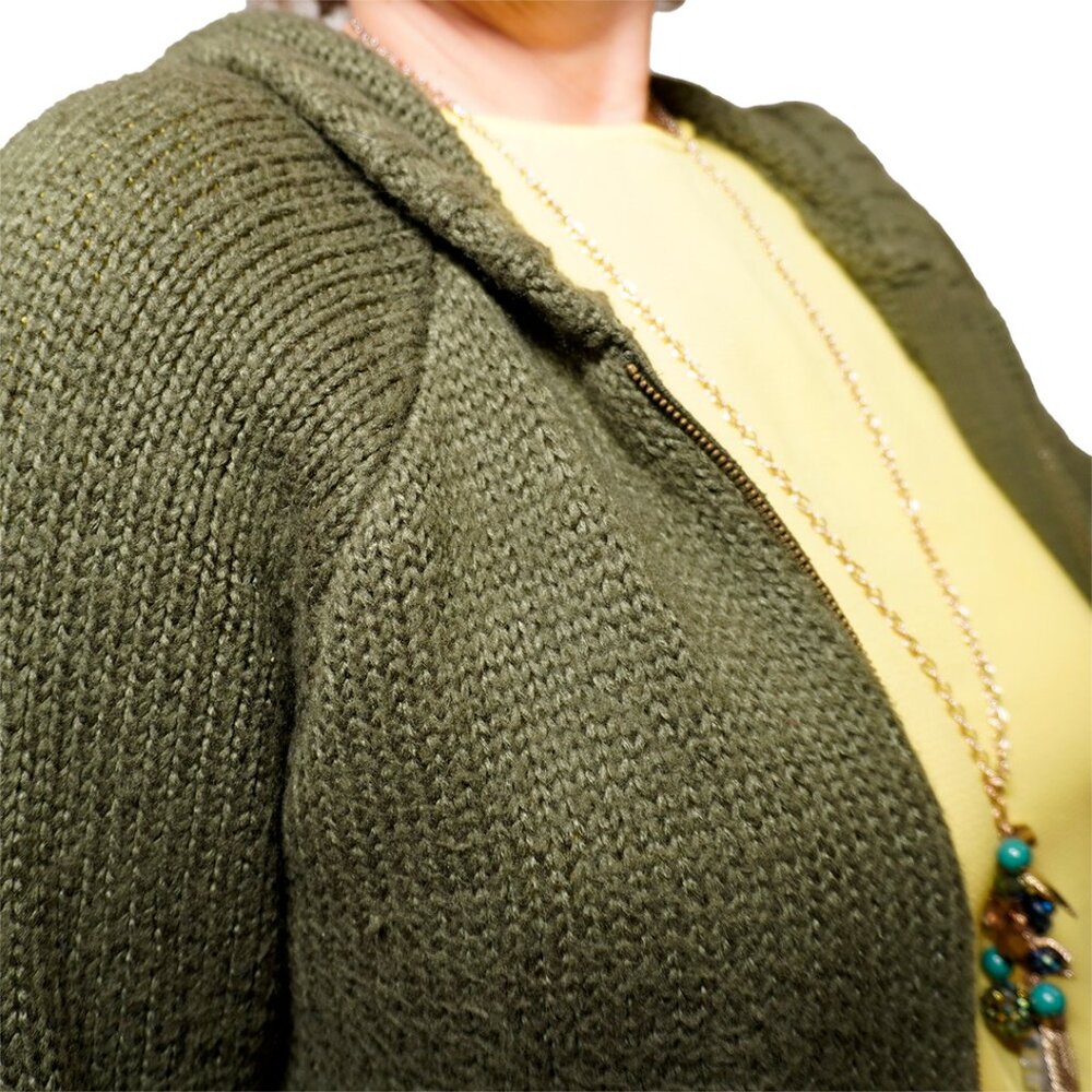 Rib Star Elbow Patch Zip Hoodie Cardigan Olive Green - Picture 5 of 10